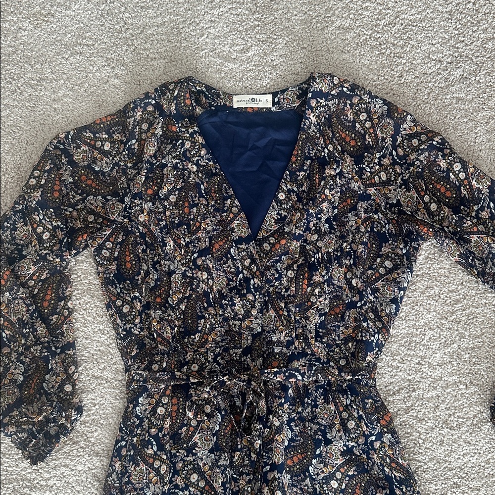 Natural Life Navy Brown Gold Paisley Button down waist tie maxi dress size s - Picture 2 of 6